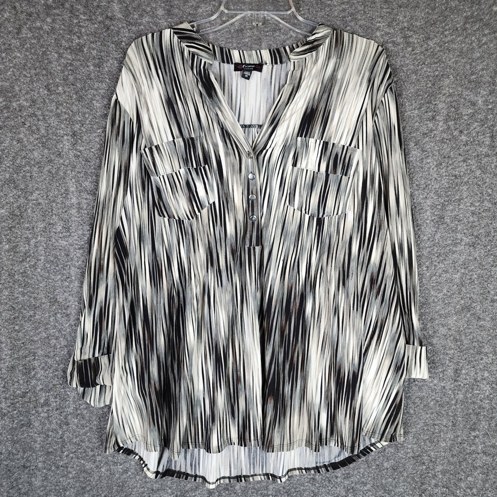 Cocomo Top Womens 2X 6HB64V193094C Black White Abstract Stripe Button EUC